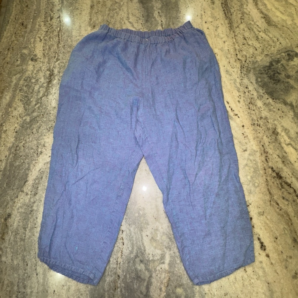 Flax Purple Blue Two Tone Linen Capri Pants Lagenlook Boho Sz L Loose Pull On